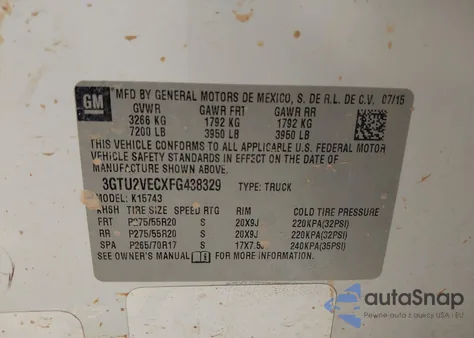 2015 GMC Sierra 1500 Slt из США, поврежденный, VIN 3GTU2VECXFG438329